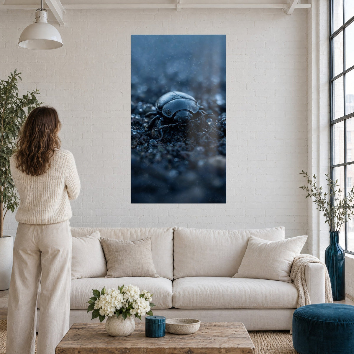 Tableau scarabée noir luisant sur terre bleutée, gouttes de rosée, bleu nuit et gris acier, au-dessus d'un canapé dans un salon lumineux