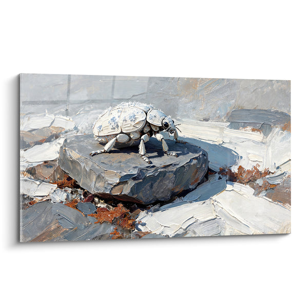 Tableau Scarabée blanc perché sur roche grise - Halte glacée - Edition Scarabé