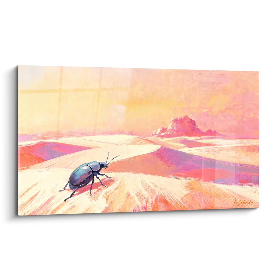 Tableau Scarabé bleu sur dunes roses et jaunes - Silhouette de mesa lointaine - Edition Scarabé