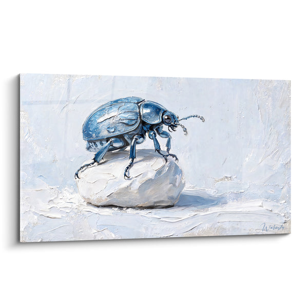 Tableau Scarabé bleu perché sur galet blanc - Ascension silencieuse - Edition Scarabé