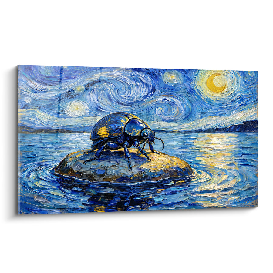 Tableau Scarabé bleu et doré sur rocher lunaire - Veillée cosmique - Edition Scarabé