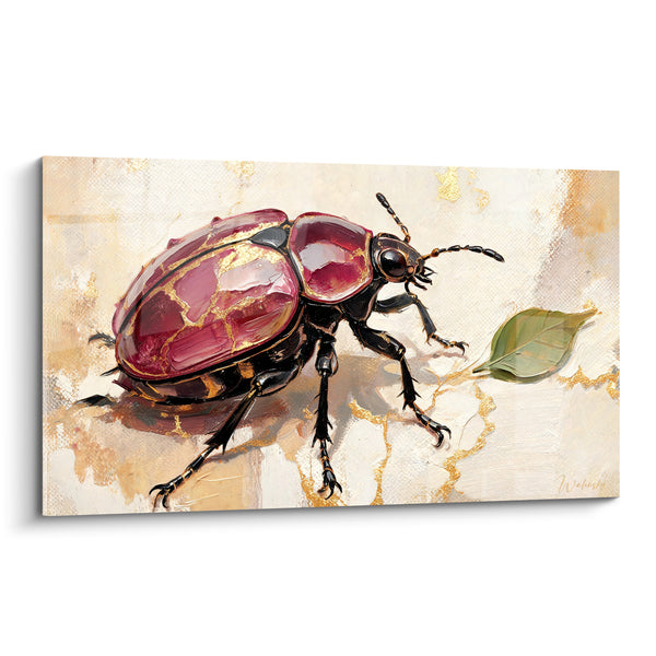 Painting Beetle Bordeaux and Gold on Cracked Cream Background - Small Isolated Green Leaf - Edition Beetle