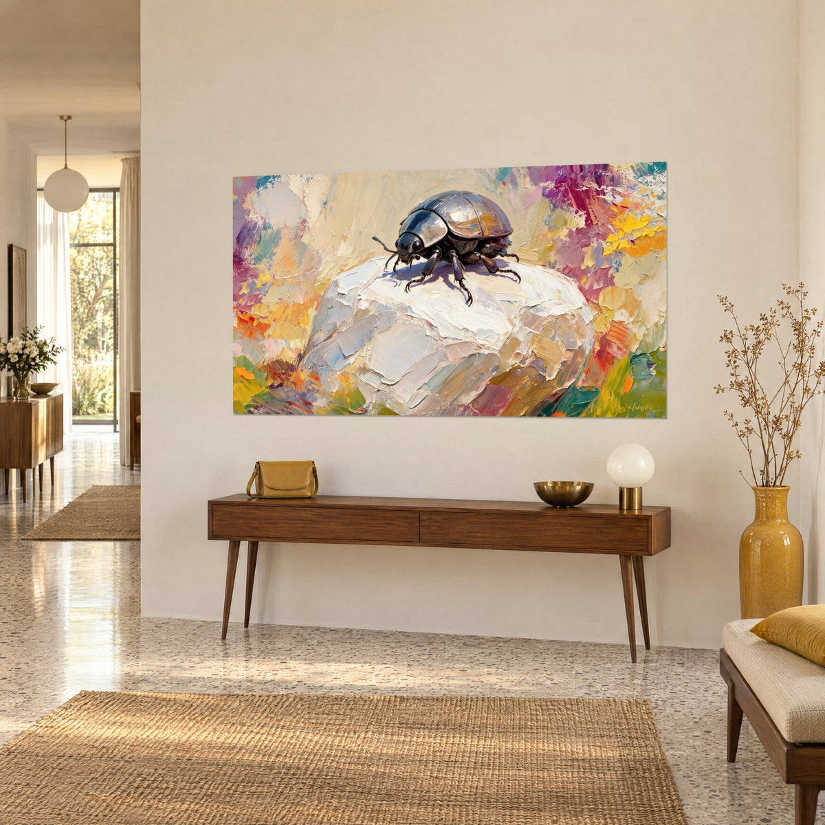 Wall art beetle with a silver shell on a cream rock, orange and mauve brushstrokes, above a brown wooden console