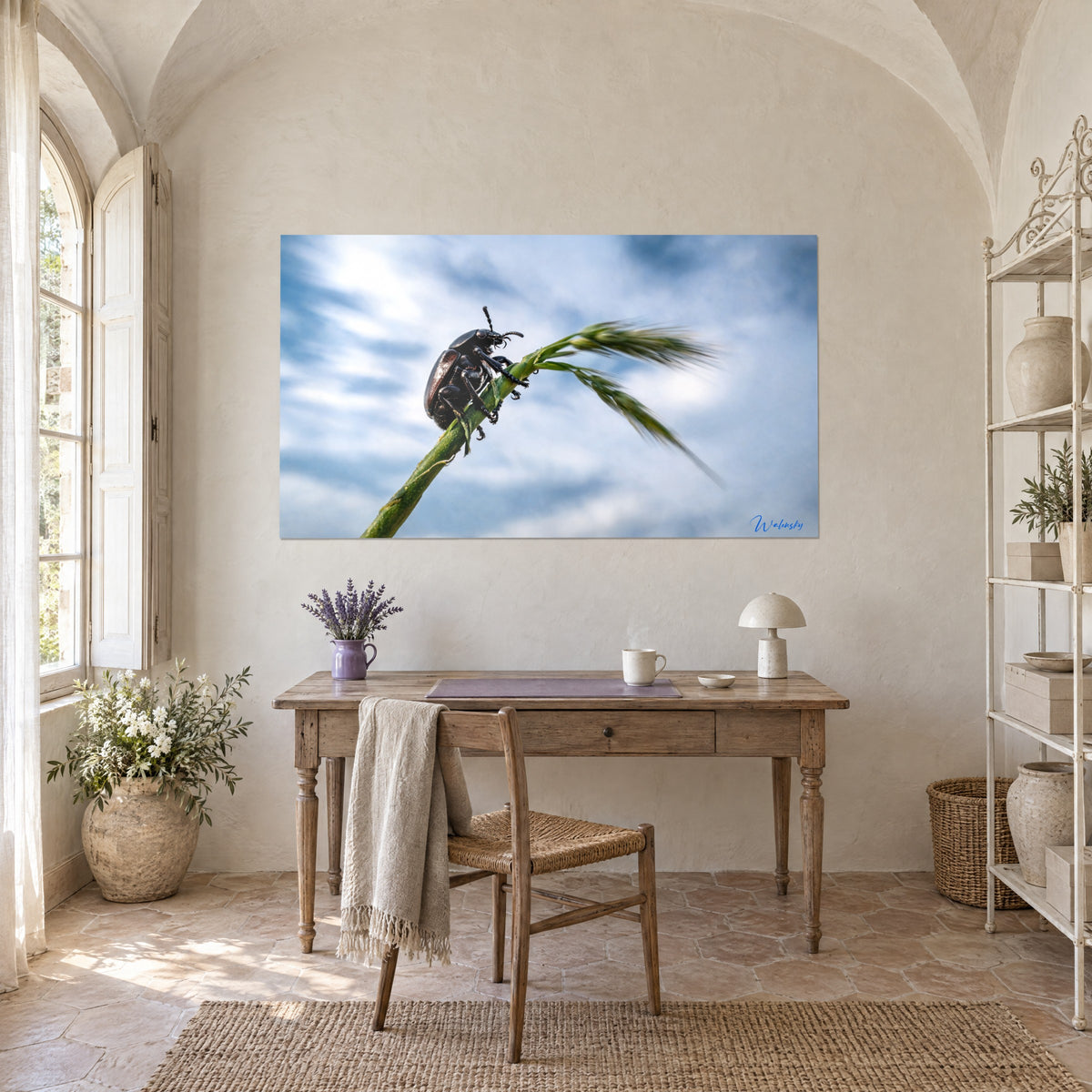 Tableau scarabée ébène et son brin d'herbe vert penché sur un ciel bleu tourbillonnant, au-dessus d'un bureau en bois du mas