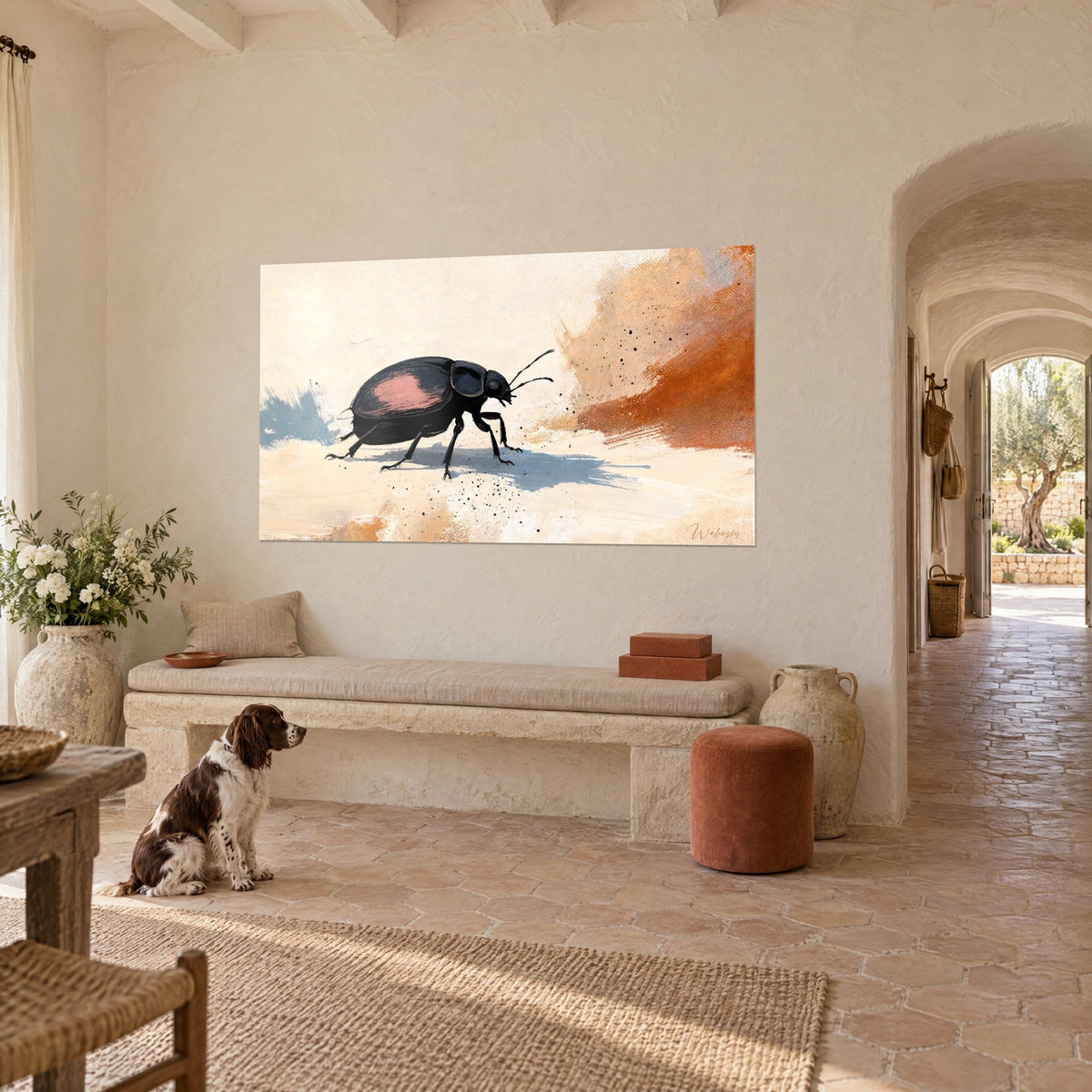 Tableau coléoptère d'ébène aux pattes fines, ombre bleu ciel sur sable ivoire, mur d'un mas provençal, spaniel assis