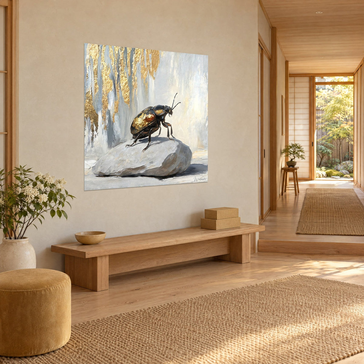 Wall art scarab with a bronze shell and gold leaf, slender legs on a white-grey rock, japandi hallway in three-quarter view
