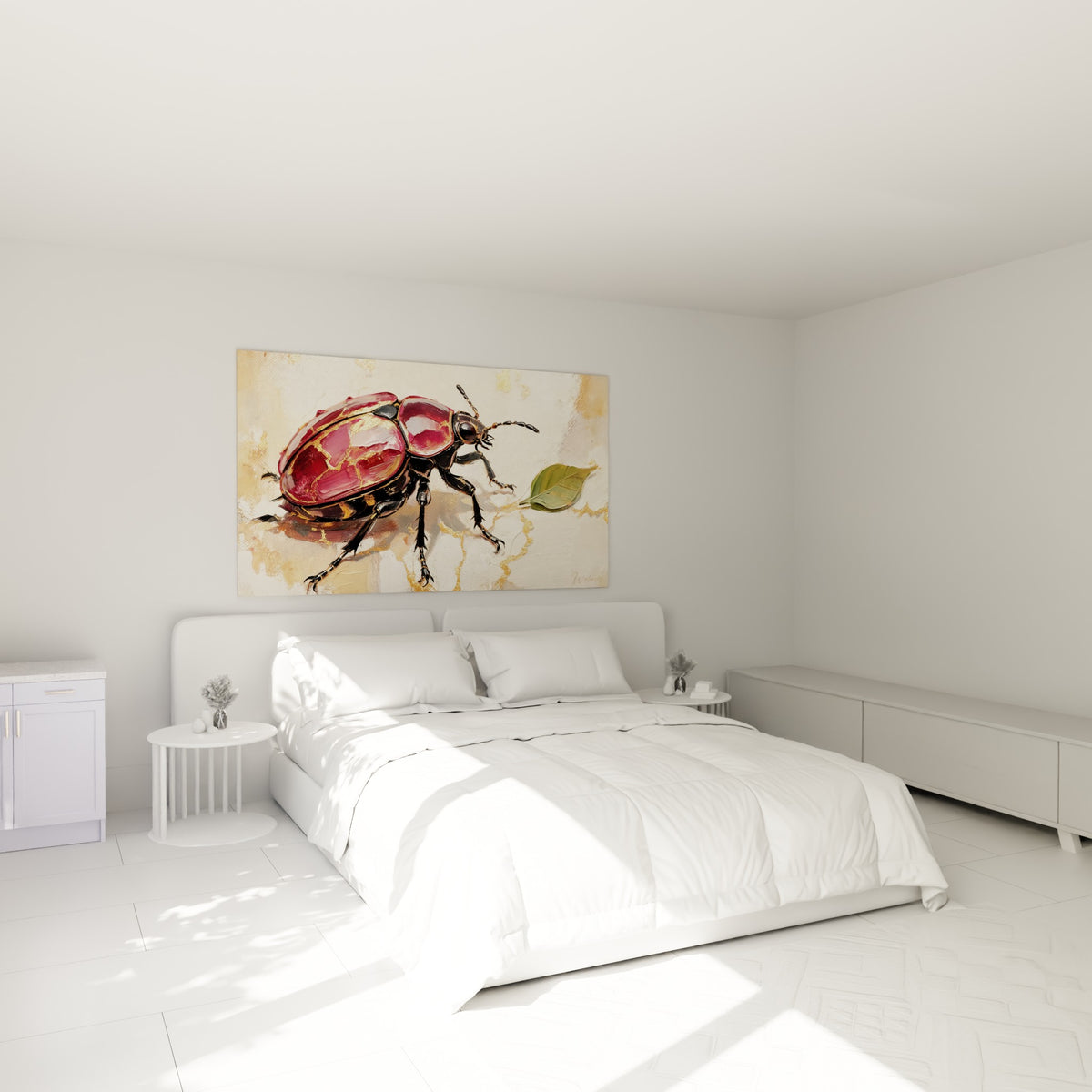 Insecte bordeaux et doré aux détails précis, accroché au-dessus d'un lit dans une chambre claire