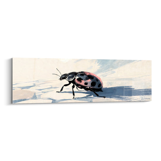 Tableau Coccinelle rose et noire sur sol crème craquelé - Ombre bleutée portée - Edition Scarabé