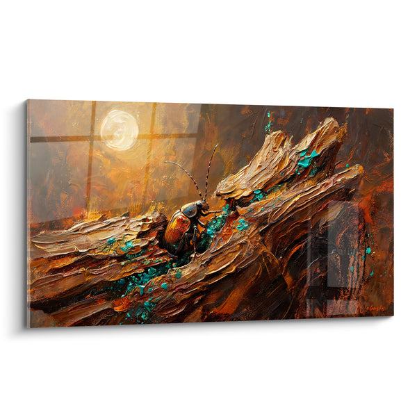 Tableau Scarabé cuivré sur écorce turquoise moussue - Veille nocturne - Edition Scarabé