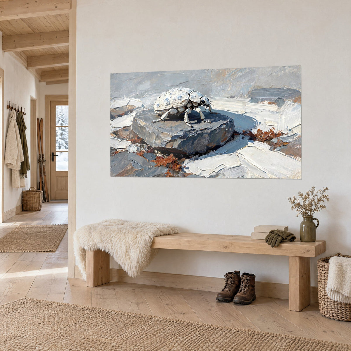 Wall art pearlescent beetle perched on slate stone, rust touches and creamy snow, on a light wood hallway wall