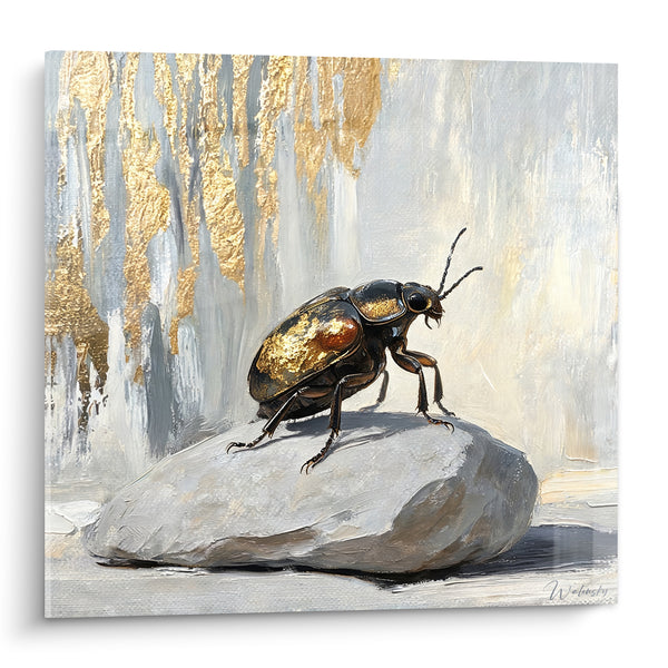 Tableau Scarabé doré perché sur un rocher gris - Majesté minérale - Edition Scarabé