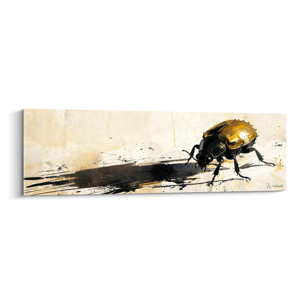 Tableau Scarabée doré et noir sur fond ivoire éclaboussé - Traînée d'encre étirée - Edition Scarabé