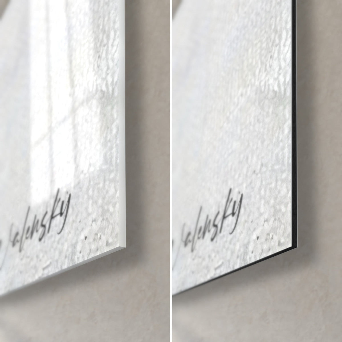 Wall art glossy black insect, bottom right corner: shiny acrylic glass on the left, matte grey Dibond aluminium on the right, 3 mm edge