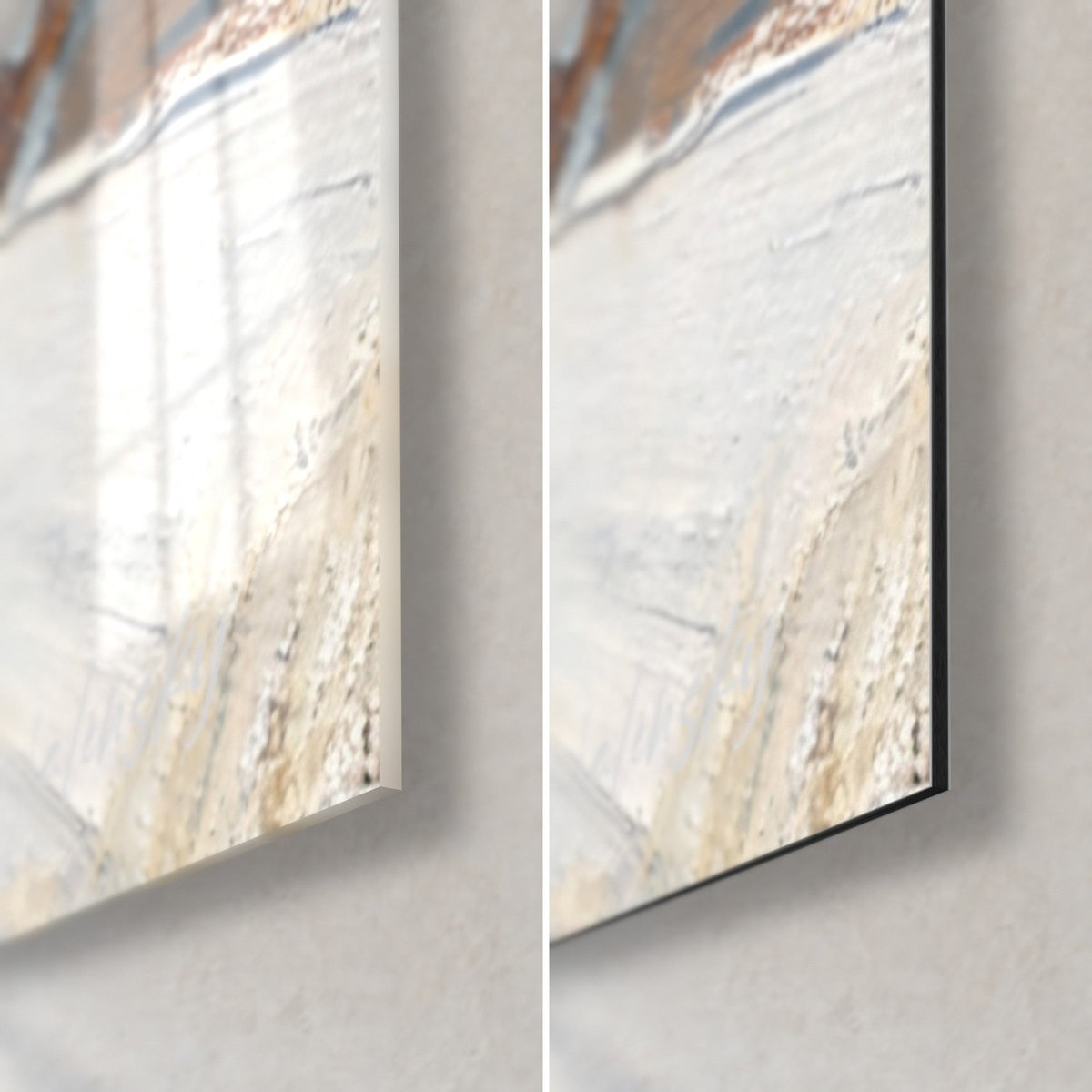 Wall art white insect on grey rock, bottom right corner, glossy glass on the left, matte black Dibond on the right, 3 mm edge