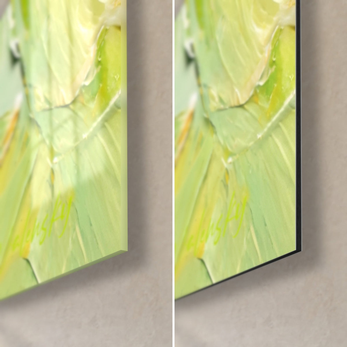 Cuadro insecto iridiscente verde limón y amarillo, esquina inferior derecha en cristal acrílico brillante a la izquierda, aluminio Dibond mate a la derecha, canto de 3 mm