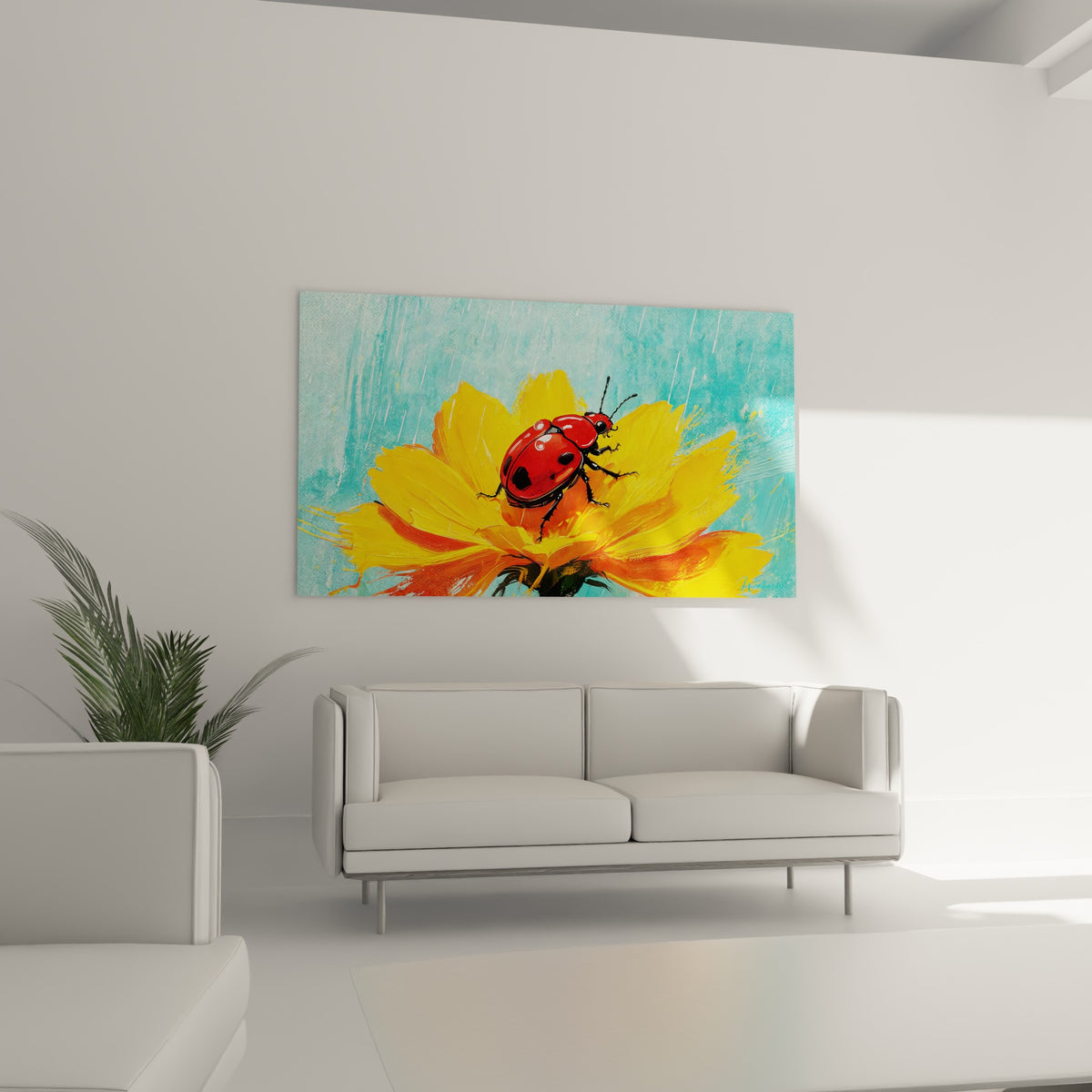 Fleur jaune vibrante accueillant un scarabé rouge, au-dessus d'un canapé dans un salon lumineux