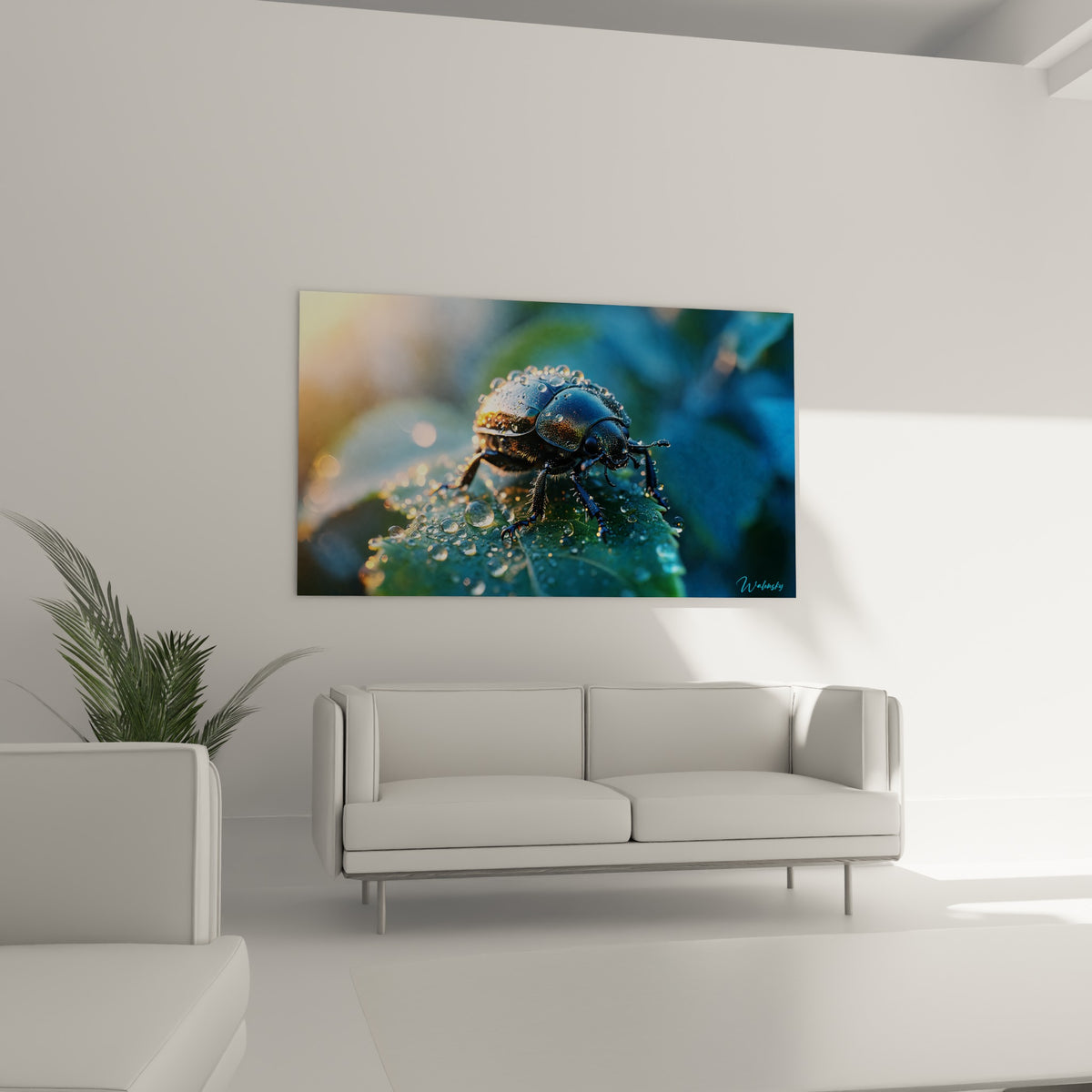 Carapace nacrée bleu-vert perlée de gouttes lumineuses accrochée au-dessus d'un canapé dans un salon lumineux