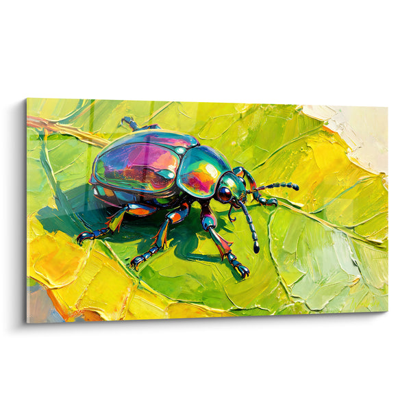 Tableau Scarabée irisé sur feuille vert citron - Éclat furtif du jardin - Edition Scarabé