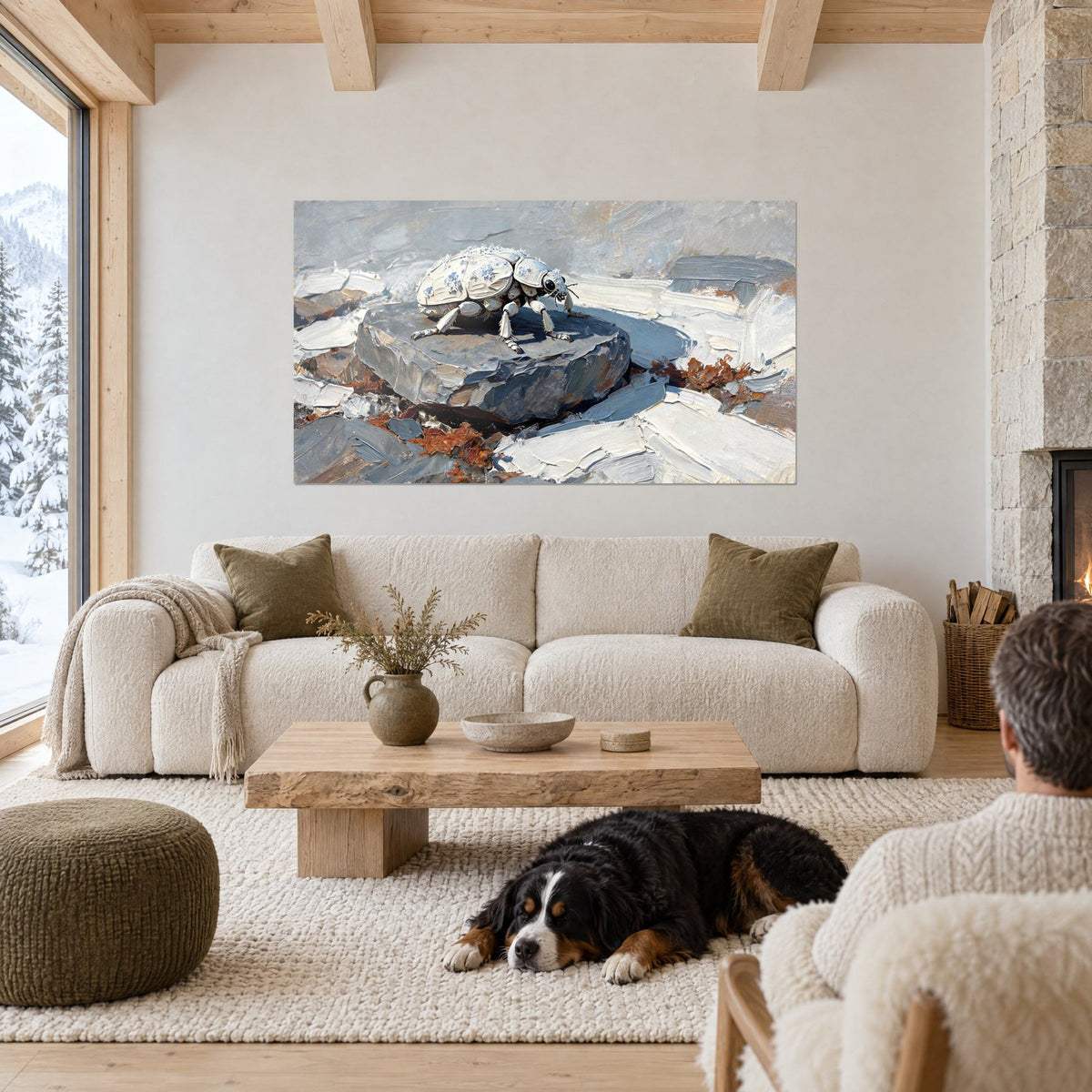 Wall art frosted white beetle on grey rock, rust-ochre drips, above a sofa in a bright living room
