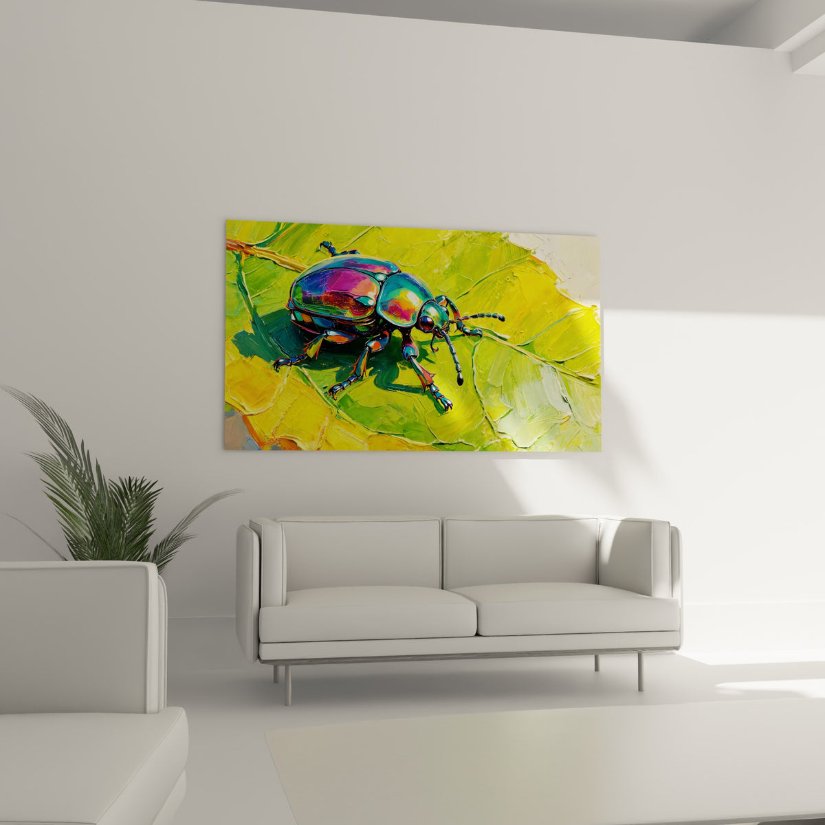 Carapace nacrée du scarabée violet et vert posée sur feuille verte, au-dessus d'un canapé dans un salon lumineux