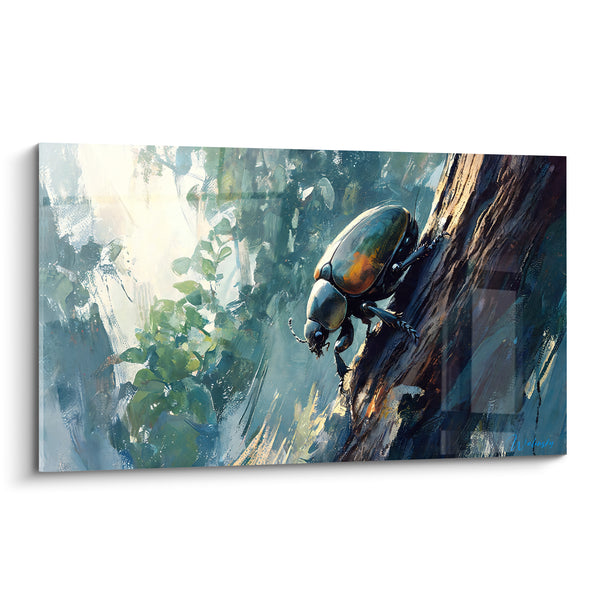 Tableau Scarabée noir grimpant une écorce brune - Escalade forestière - Edition Scarabé