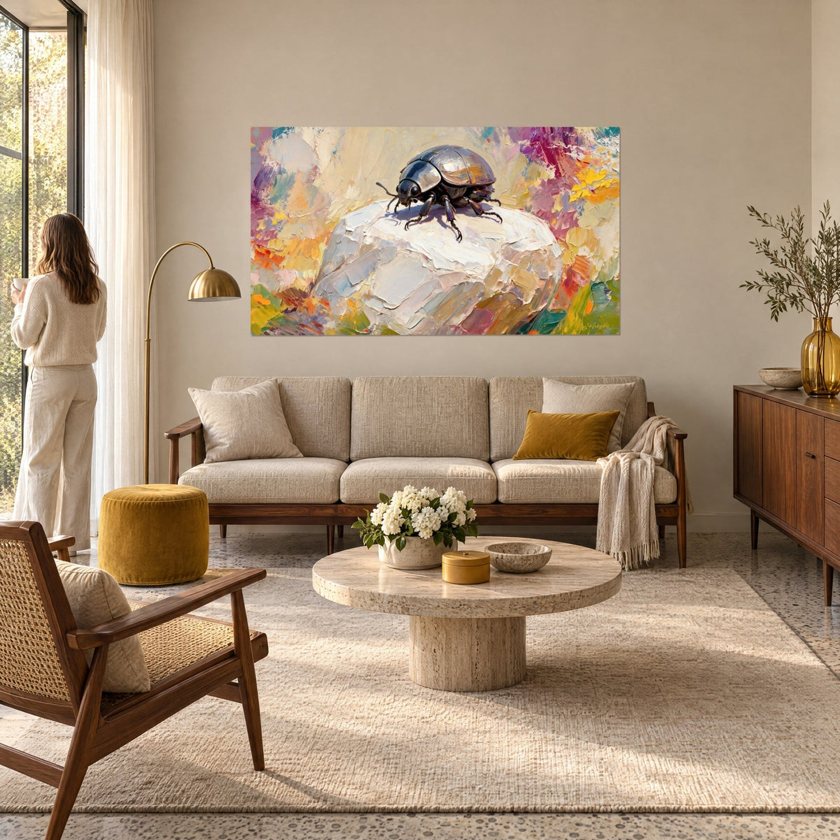 Wall art glossy black beetle perched on a white pebble, yellow and pink background, woman seen from behind, above a sofa in a bright living room