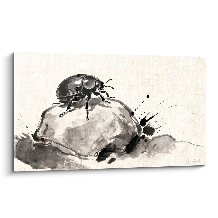 Tableau Scarabé noir sur rocher gris encré - Équilibre furtif - Edition Scarabé
