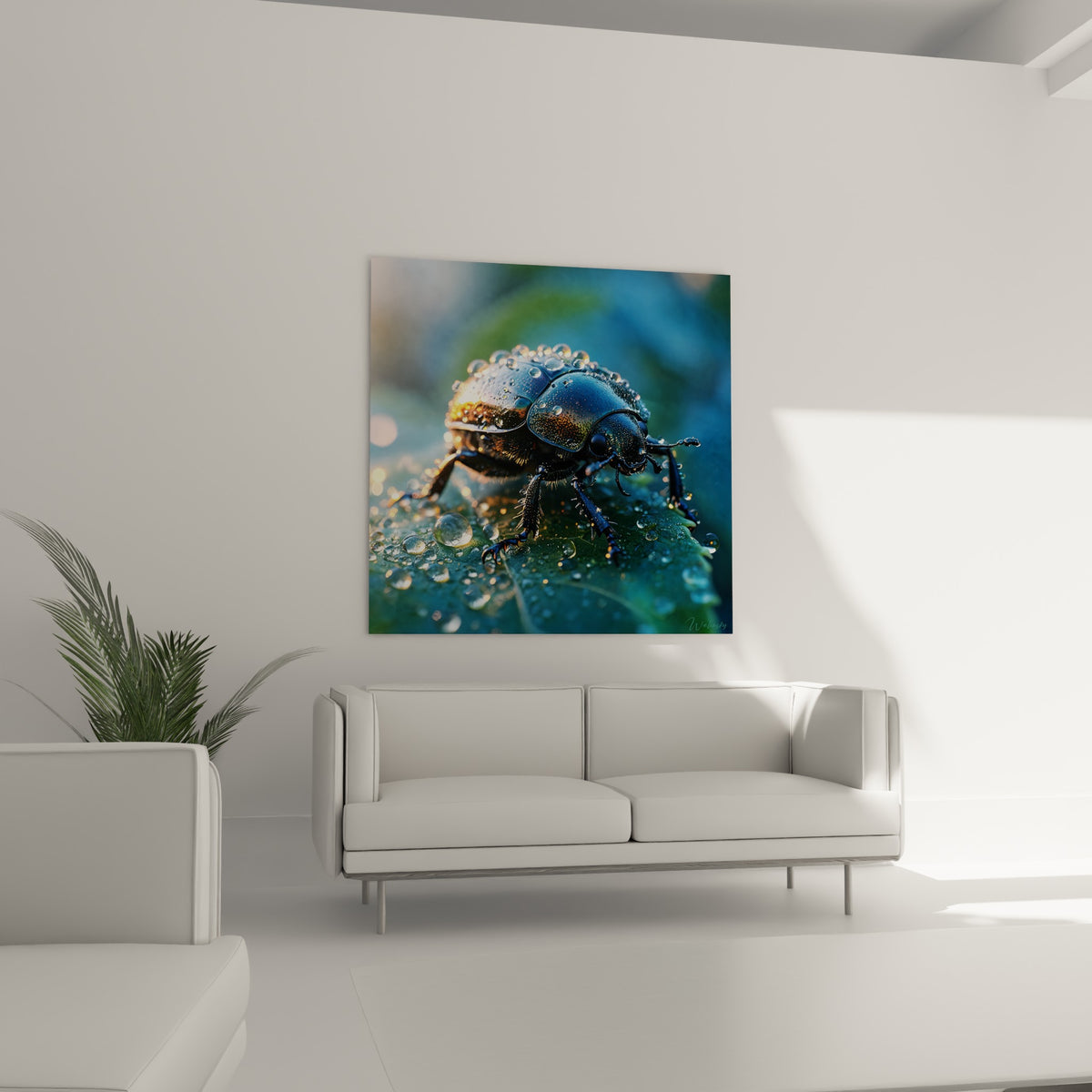 Insecte scarabé aux reflets dorés et bleu nuit disposé au-dessus d'un canapé dans un salon lumineux