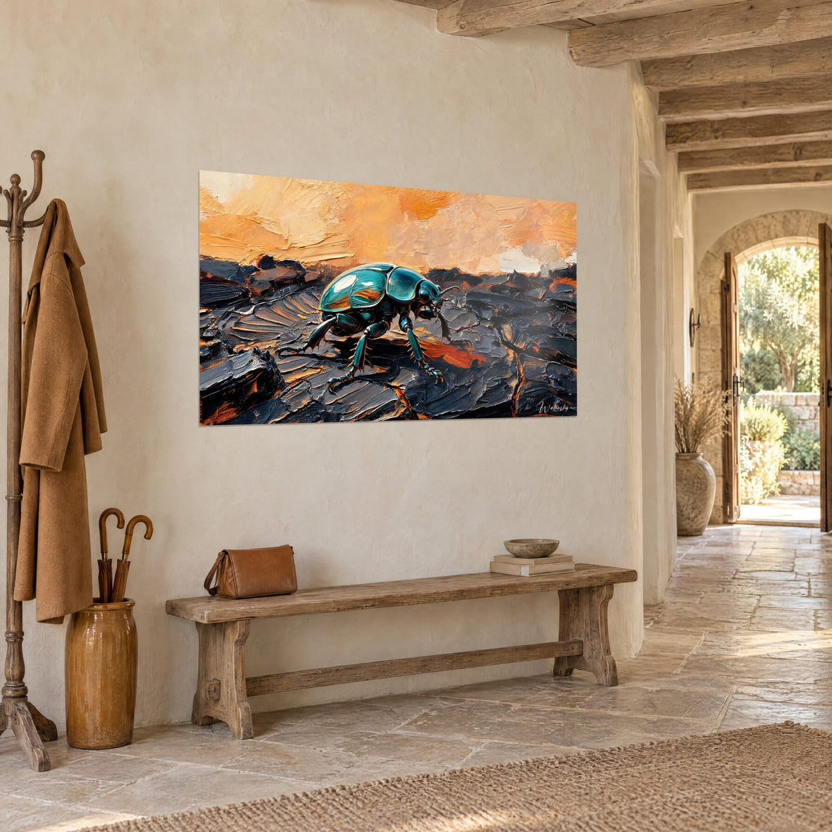 Quadro Coleottero dalle elitre blu-verdi lucenti che cammina su lastre nere spaccate, cielo albicocca, ingresso di casa in pietra