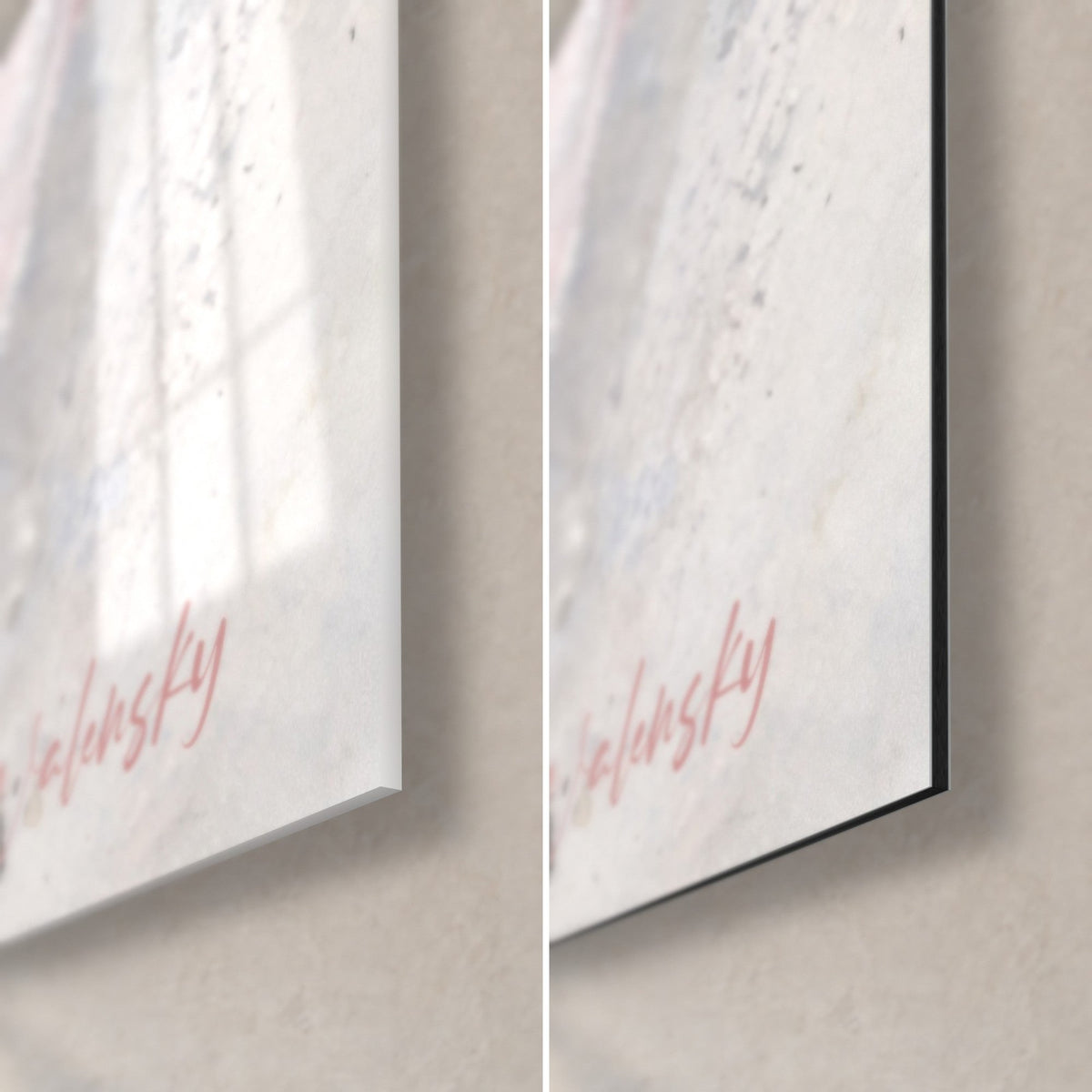 Schilderij iriserende kever en roze bloem, rechtsonder: glanzend acrylglas links, mat zwart Dibond-aluminium en rand van 3 mm