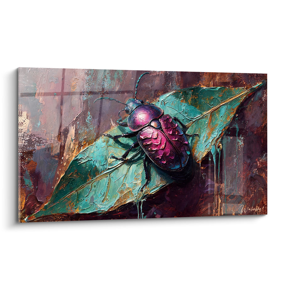 Tableau Scarabé rose et turquoise sur feuille - Éclat de la nature - Edition Scarabé