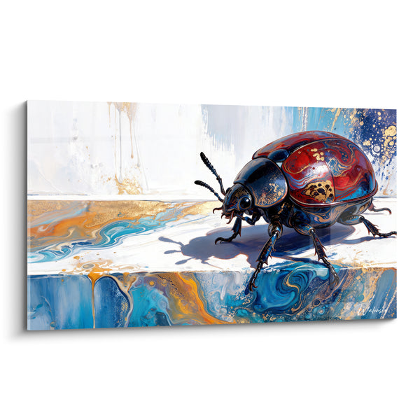 Cuadro Escarabajo rojo y azul sobre jaspeado líquido - Sombra proyectada nítida - Edición Scarabé