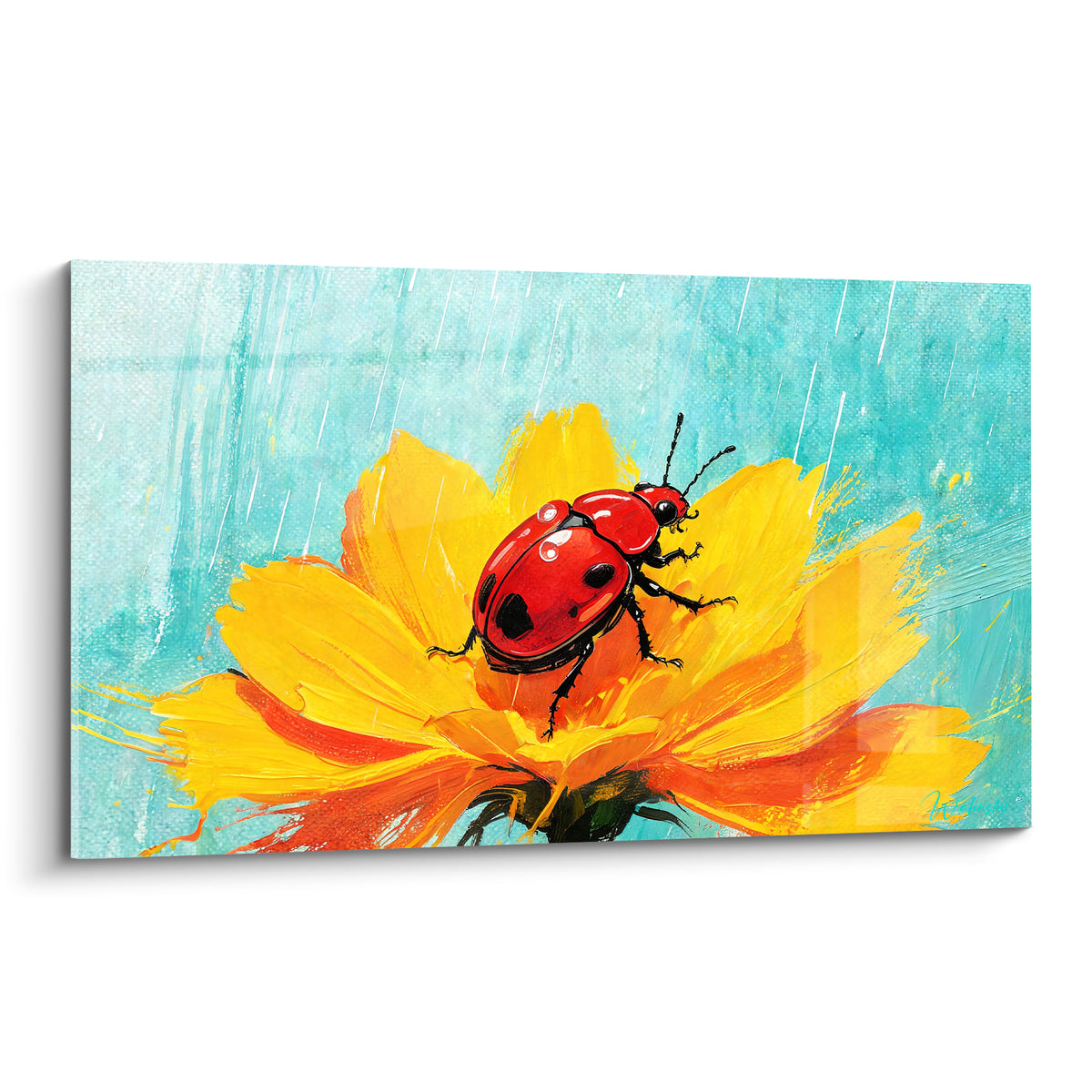 Scarabé rouge posé sur une fleur jaune et orangée, fond turquoise strié de pluie fine