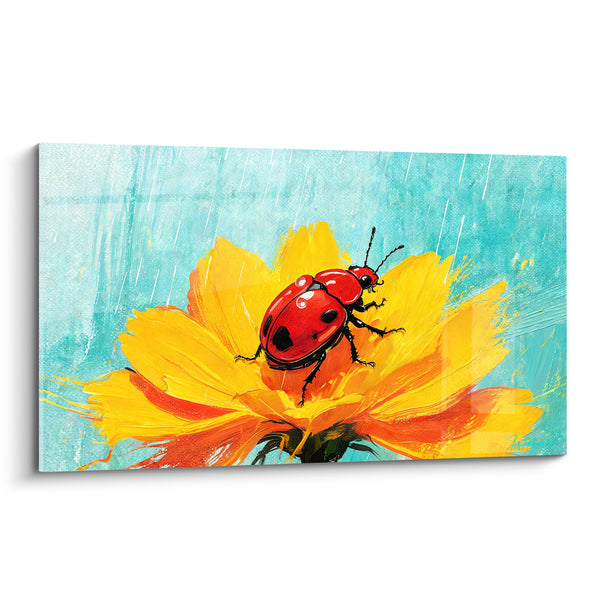 Tableau Scarabé rouge sur fleur jaune vibrante - Refuge sous la pluie - Edition Scarabé