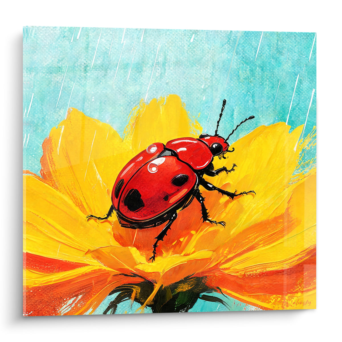 Scarabé rouge aux taches noires posé sur une fleur jaune et orange sous la pluie turquoise