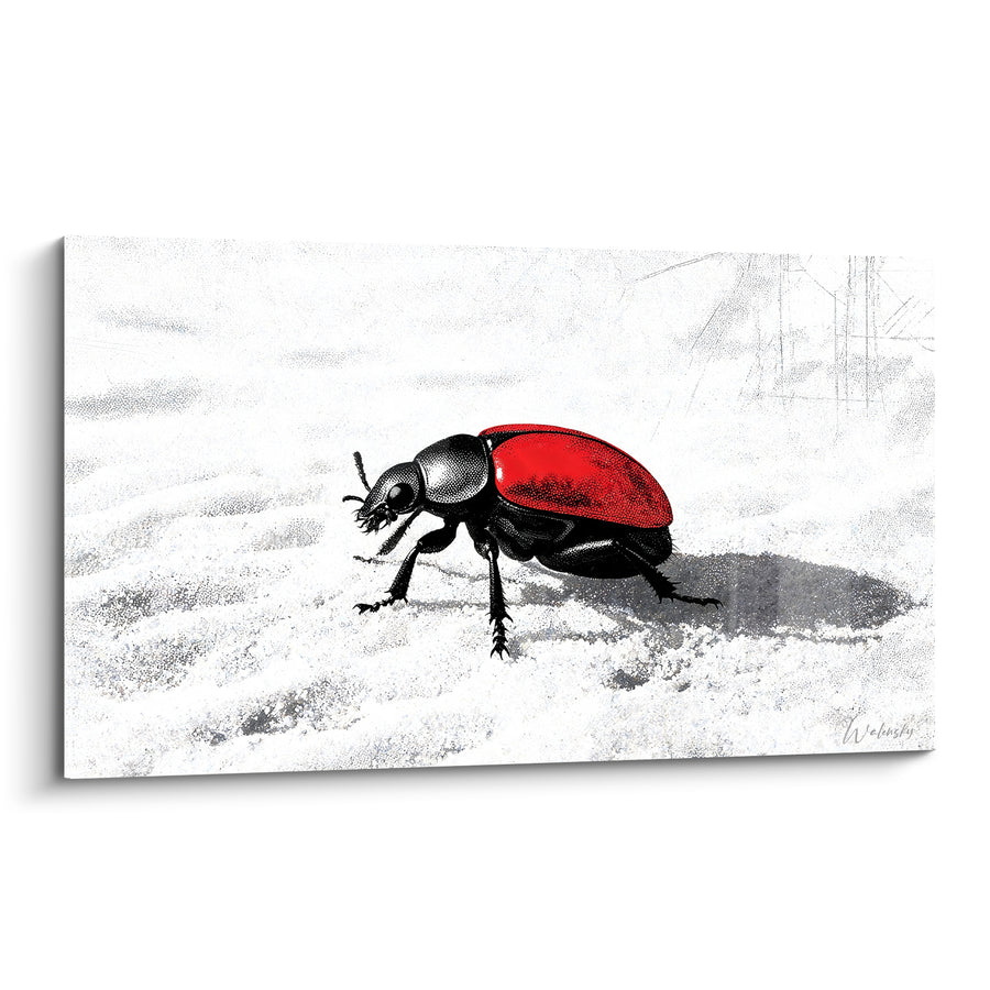Tableau Scarabé rouge et noir sur fond blanc - Traversée silencieuse - Edition Scarabé