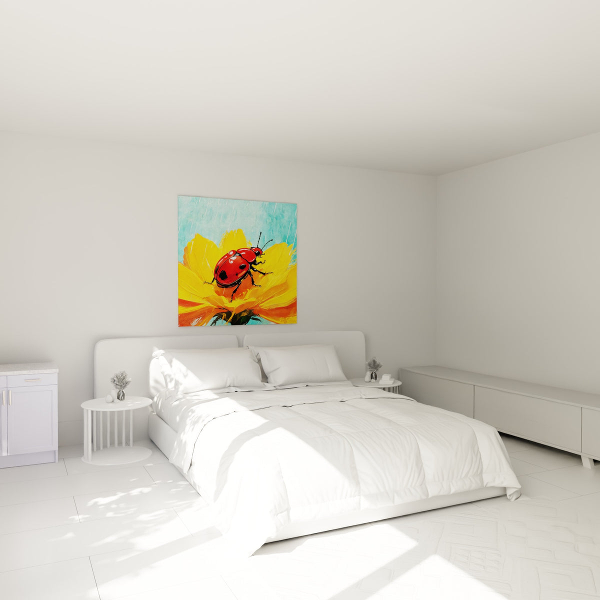 Insecte rouge vif sur pétales jaunes et orangés, accroché au-dessus d'un lit dans une chambre claire