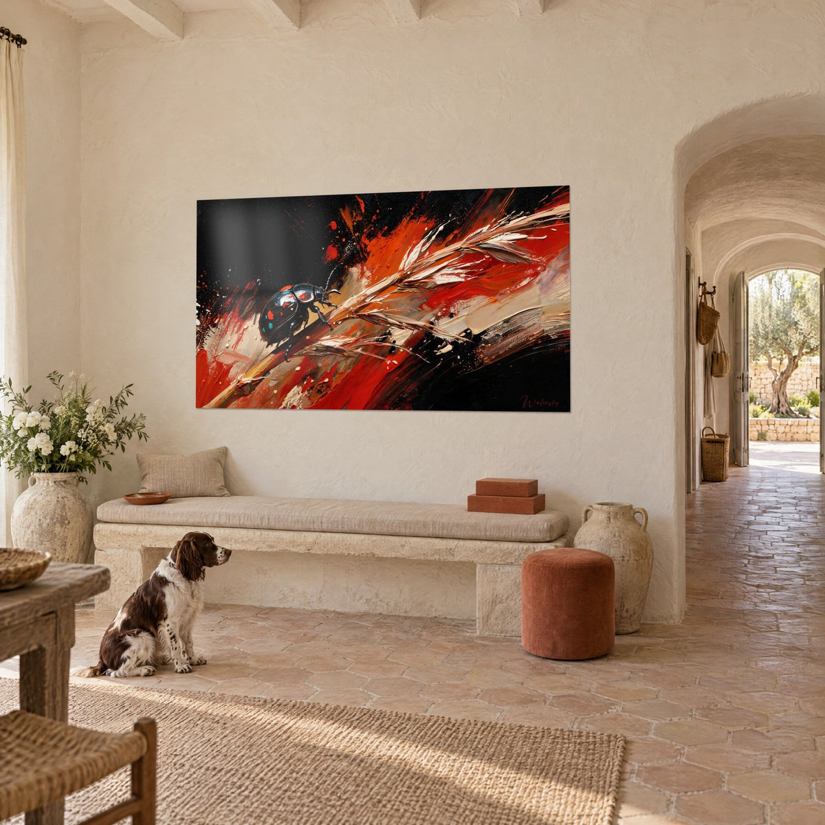 Quadro coleottero laccato con elitre screziate di turchese, sfondo nero e rosso vermiglio, masseria provenzale, spaniel seduto
