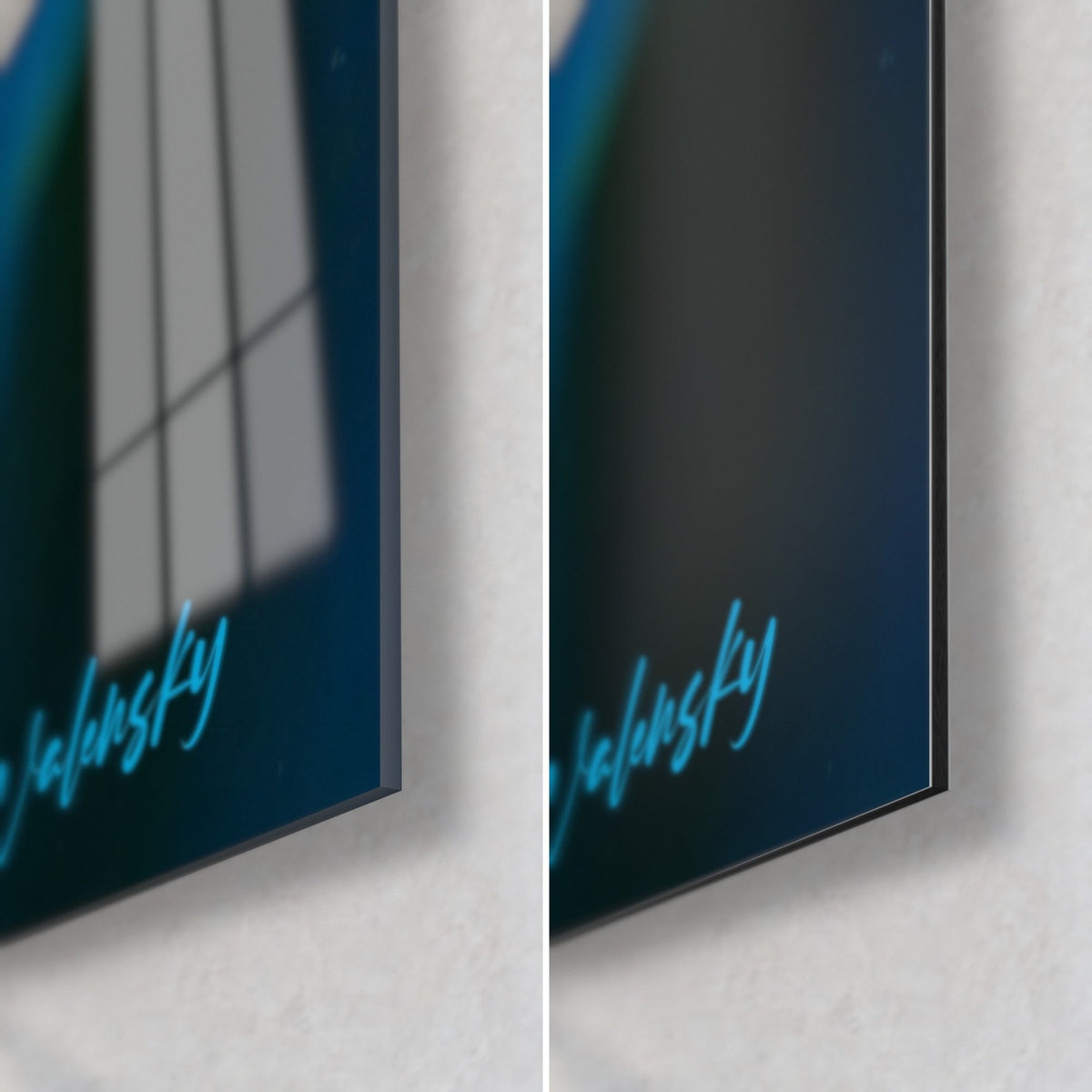 Wall art blue and green beetle on a dewy leaf, bottom-right corner: glossy acrylic glass on the left, matte black Dibond on the right, 3 mm edge