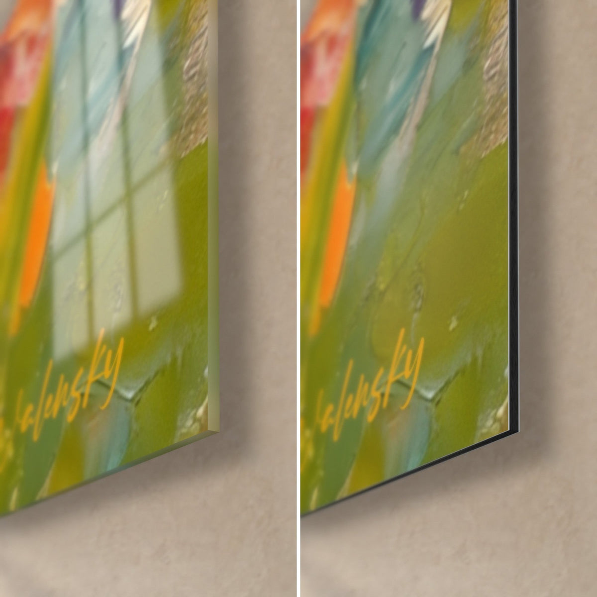 Wall art black beetle on white stone, bottom right corner: glossy glass with reflections, matte grey, green and orange Dibond, 3 mm edge