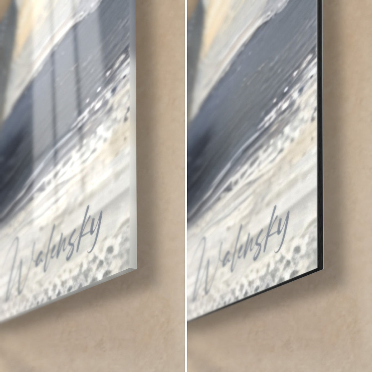 Wall art gold and black insect, bottom right corner: glossy acrylic glass with reflections, matt grey Dibond, 3 mm edge