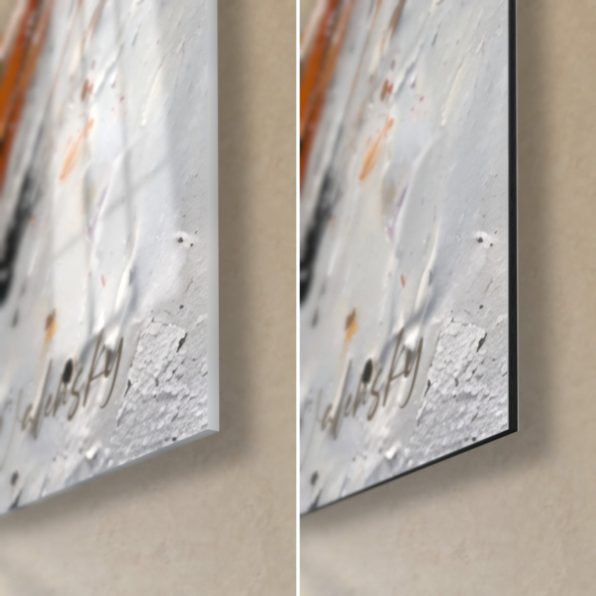 Gemälde Schwarzes Insekt auf weißem Frostblatt, untere rechte Ecke, glänzendes Acrylglas links, matt gebürstetes Dibond rechts, 3 mm Kante