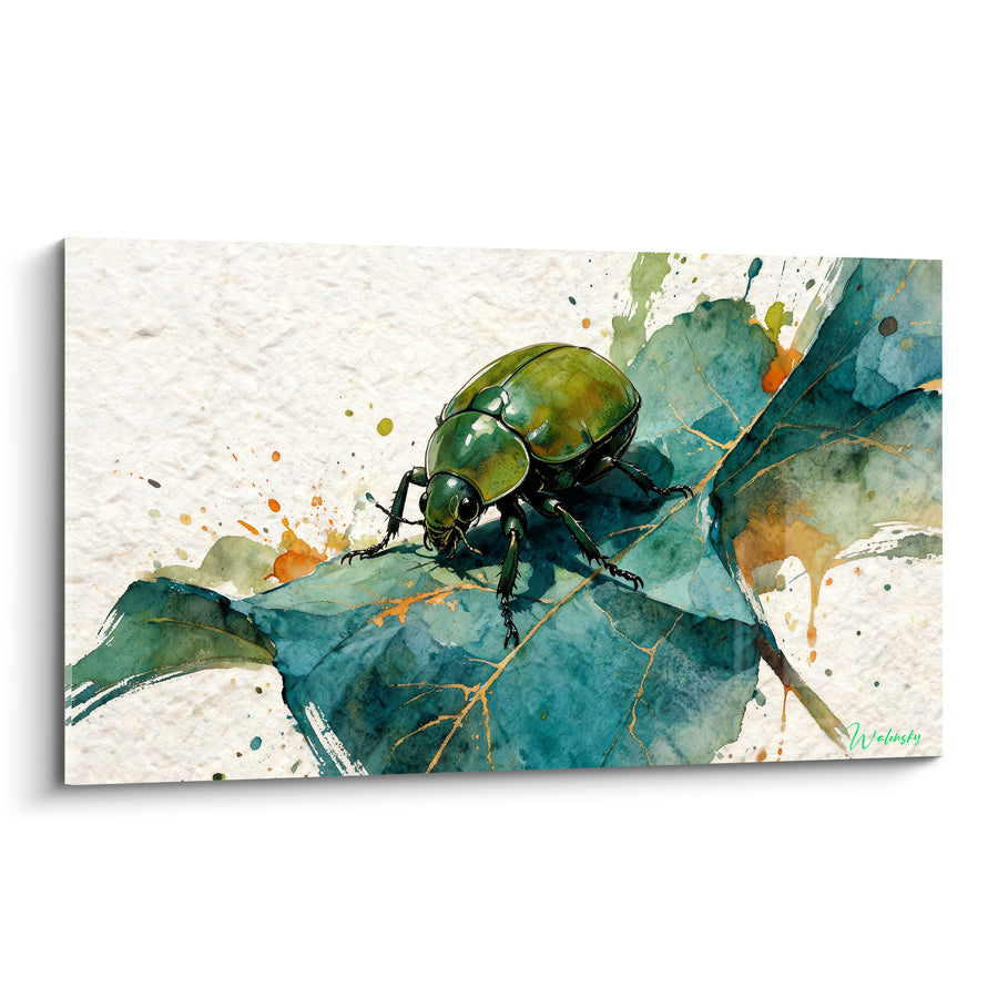 Tableau Scarabé vert sur feuille bleutée - Instant naturaliste - Edition Scarabé