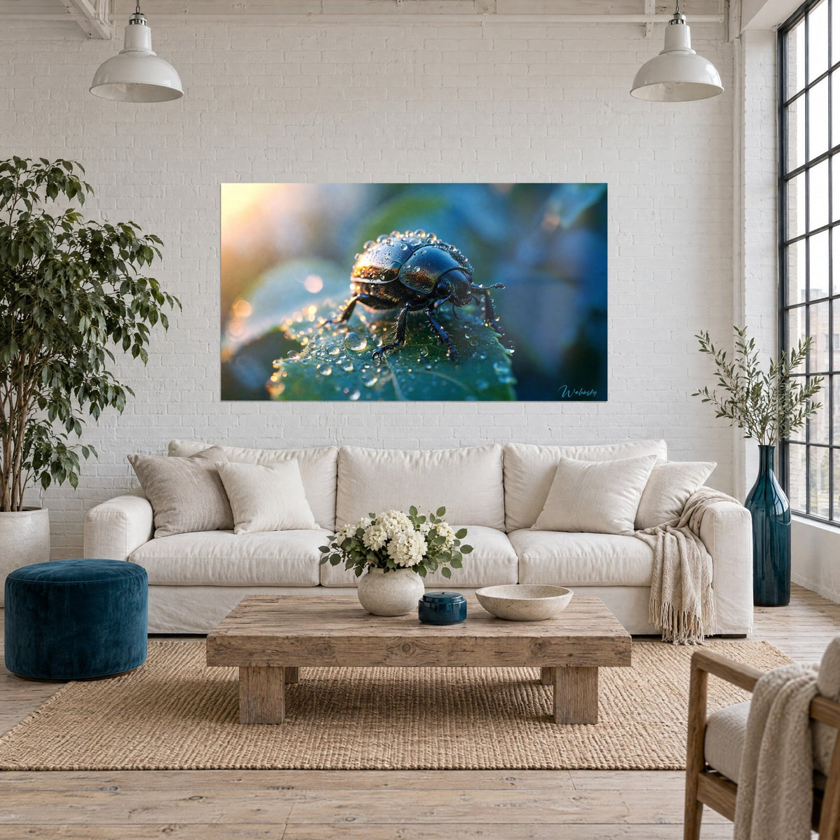Wall art midnight-blue beetle with a dew-covered shell, orange glints against a green background, above a sofa in a bright living room