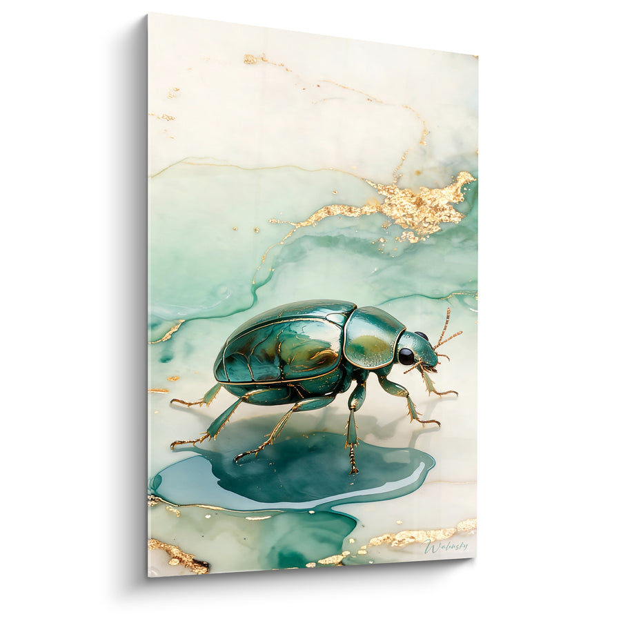 Tableau Scarabée vert et doré sur marbre liquide - Flaque translucide émeraude - Edition Scarabé