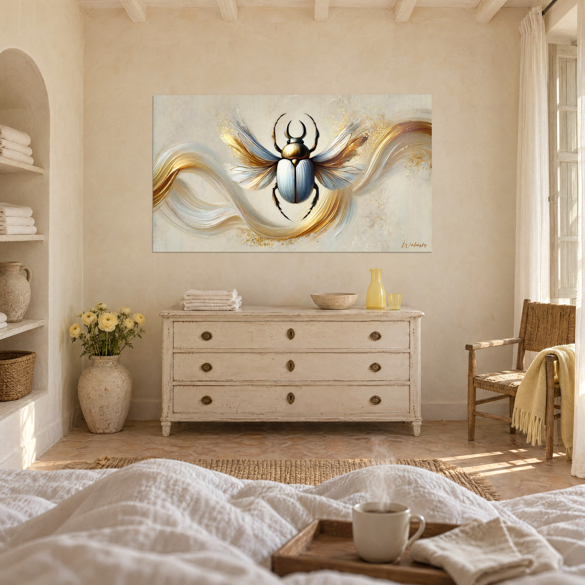 Cuadro de un escarabajo con alas desplegadas en azul pálido y oro, purpurina dorada sobre fondo beige, encima de una cama en un dormitorio luminoso