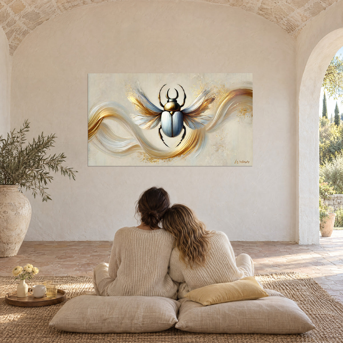 Cuadro de un escarabajo con alas de oro y plata, gruesas vetas de pintura sobre fondo crema, pared de piedra abovedada, pareja abrazada de espaldas