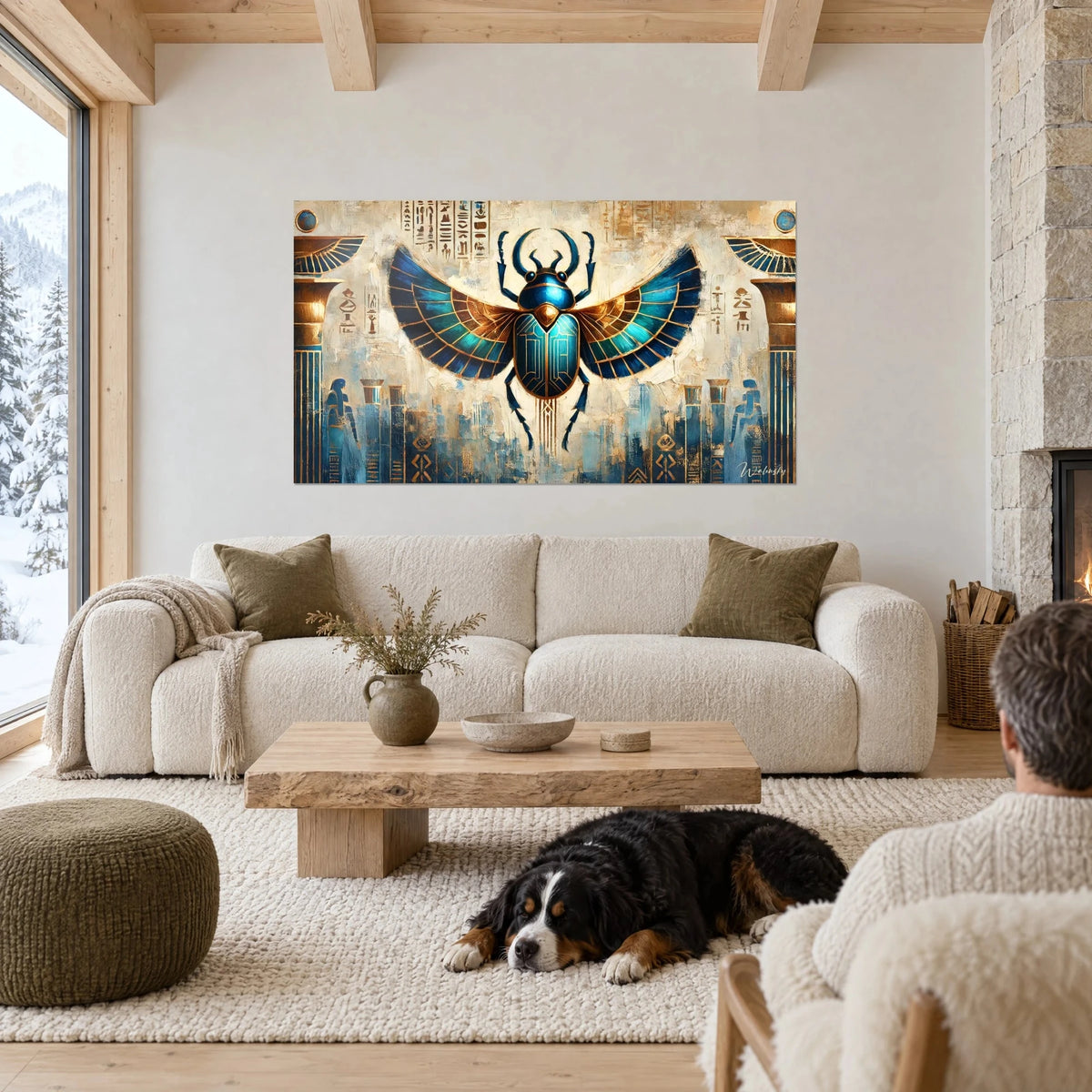 Gemälde mit geflügeltem Skarabäus, Flügeldecken in Türkisblau und Kupfer, cremefarbener Hintergrund, Hieroglyphen, über einem Sofa in einem hellen Wohnzimmer