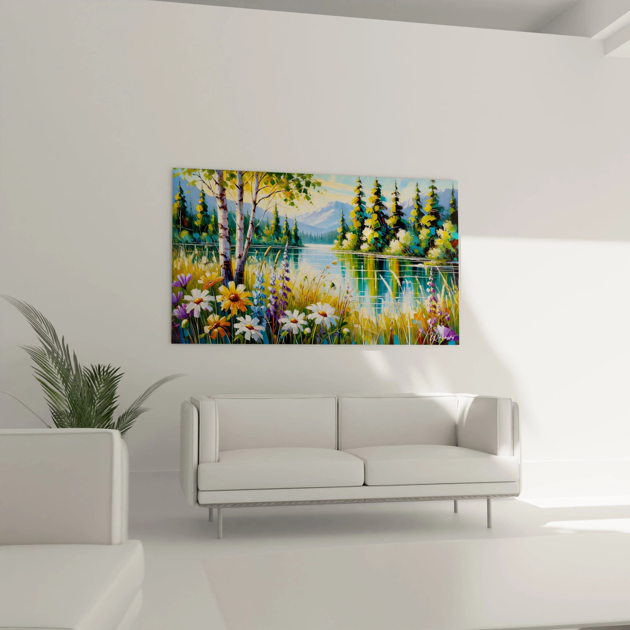 tableau scene naturelle au dessus d un canape dans un salon transforme l espace avec des couleurs vives et une ambiance apaisante parfaite pour une decoration elegante et moderne

