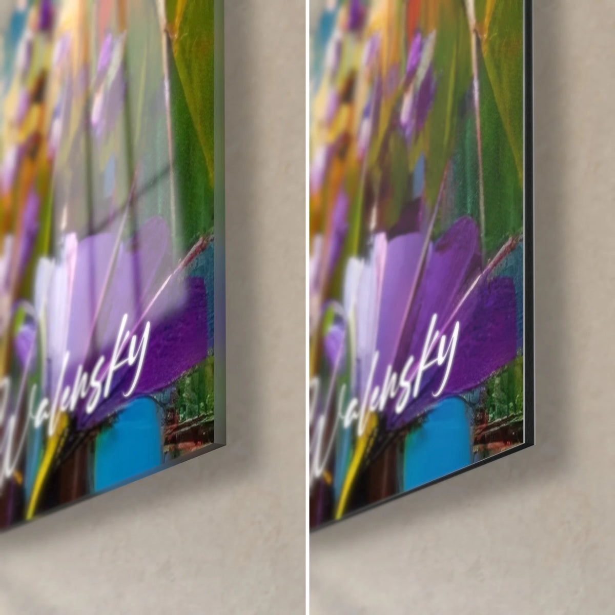 Wall art purple flower with lilac petals and green foliage, white Walensky signature, glossy glass on the left, matte Dibond on the right